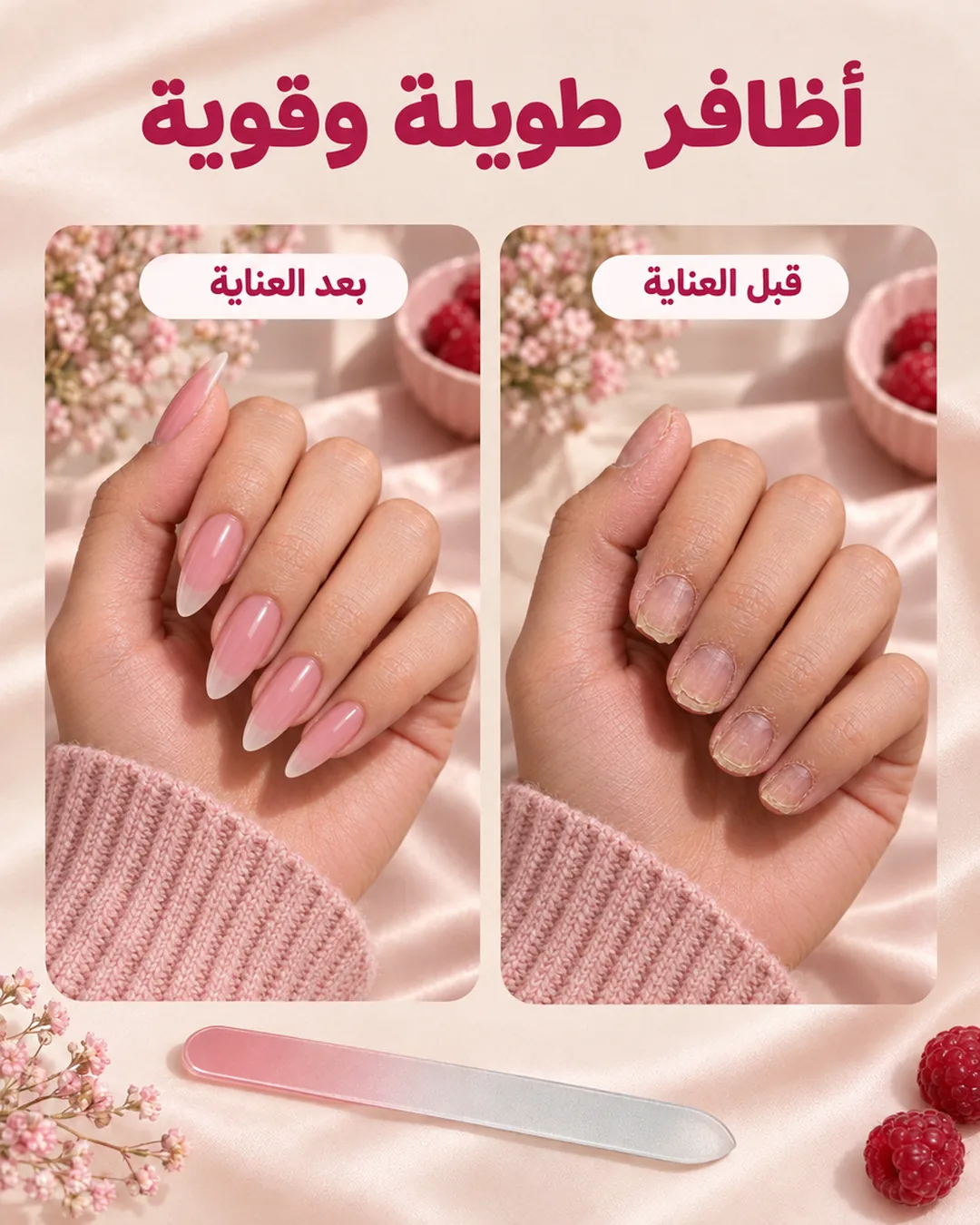 أظافر طويلة وقوية — قبل العناية وبعدها: أظافر قصيرة ضعيفة ثم أظافر طويلة بلون وردي طبيعي