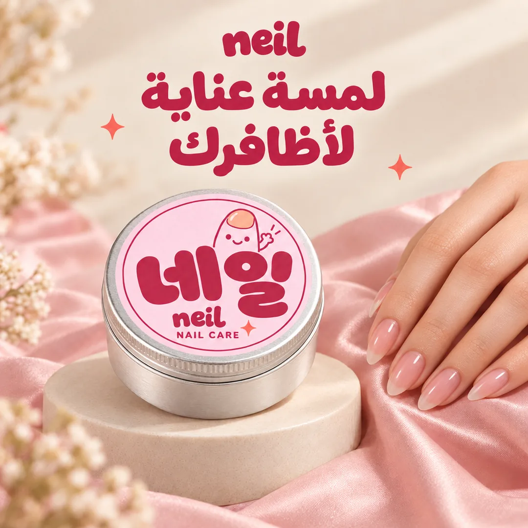 Neil — لمسة عناية لأظافرك، العبوة الفضية بالملصق الوردي مع أظافر طبيعية